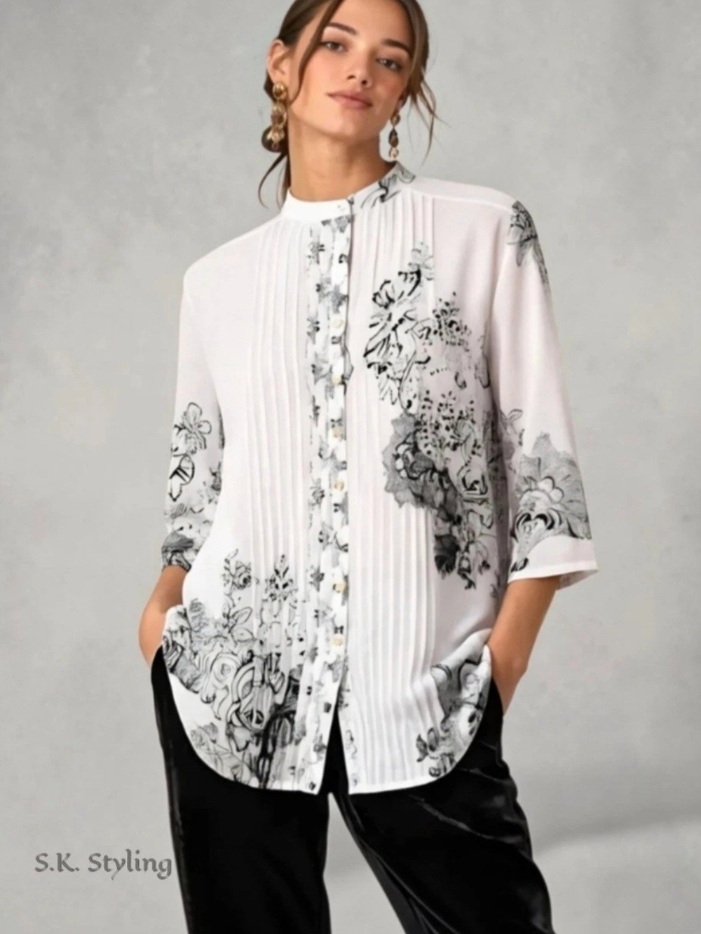Citron Santa Monica Silk Cotton Blouse Pintuck Pleated Floral Art To Wear Medium